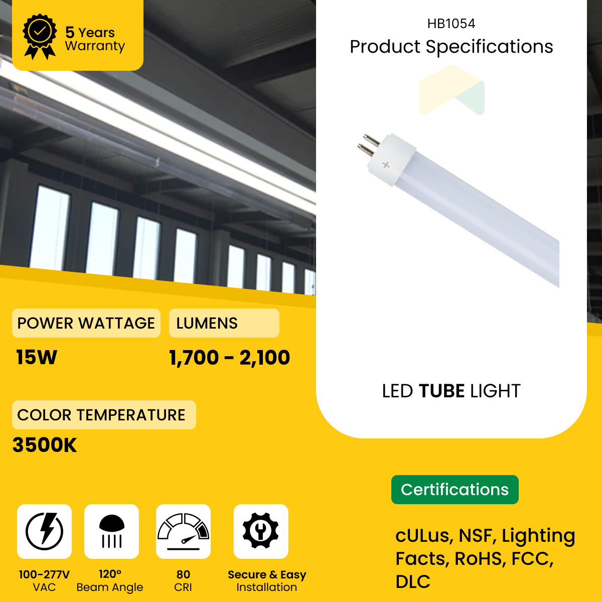 4ft LED Tube Light - 15W - 3500K 1800 Lumens, 100-277VAC, Aluminum Housing, Non-Dimming, Frosted Lens - 30 Pack