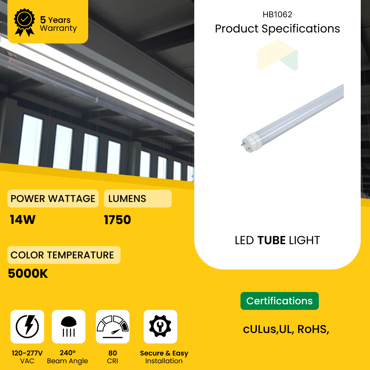 4ft T8 LED Tube Light - 14W, 5000K, 1820 Lumens, Ballast Compatible, Plug and Play, Aluminum Housing, 100-277VAC - 42 Pack