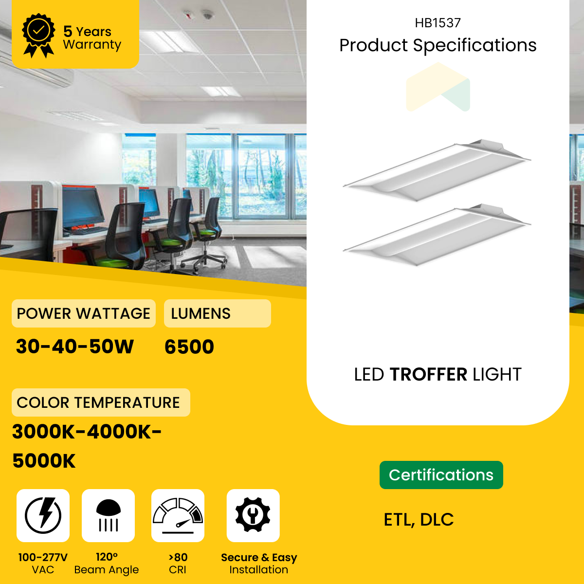 2x4 ft LED Troffer Light - Wattage Adjustable (30W/40W/50W), CCT Changeable (3500K/4000K/5000K), 150LM/Watt, 100-277Vac, 0-10V Dim, ETL, DLC 5.1 Premium, Recessed Back-lit With Earthquake Kit Fixture (4-Pack)