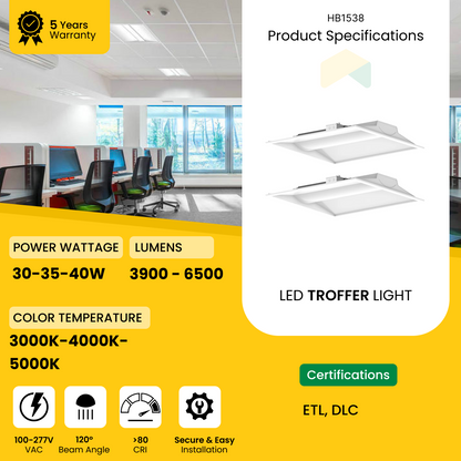 2x2 ft LED Troffer Light - Wattage Adjustable (30W/35W/40W), CCT Tunable (3500K/4000K/5000K), 150LM/Watt, 100-277Vac, 0-10V Dim, ETL, DLC 5.1 Premium, Recessed Back-lit With Earthquake Kit Fixture (4-Pack)