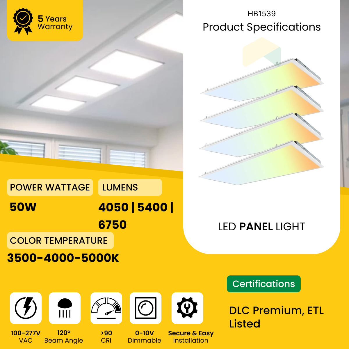 2x4 ft LED Panel Light - Wattage Adjustable (30W/40W/50W), CCT Changeable (3500K/4000K/5000K), 135LM/Watt - 0-10V Dim, 100-277V - ETL, DLC 5.1 Premium, Recessed Back-lit With Earthquake Kit (Shockproof Hooks) Fixture - (4-Pack)