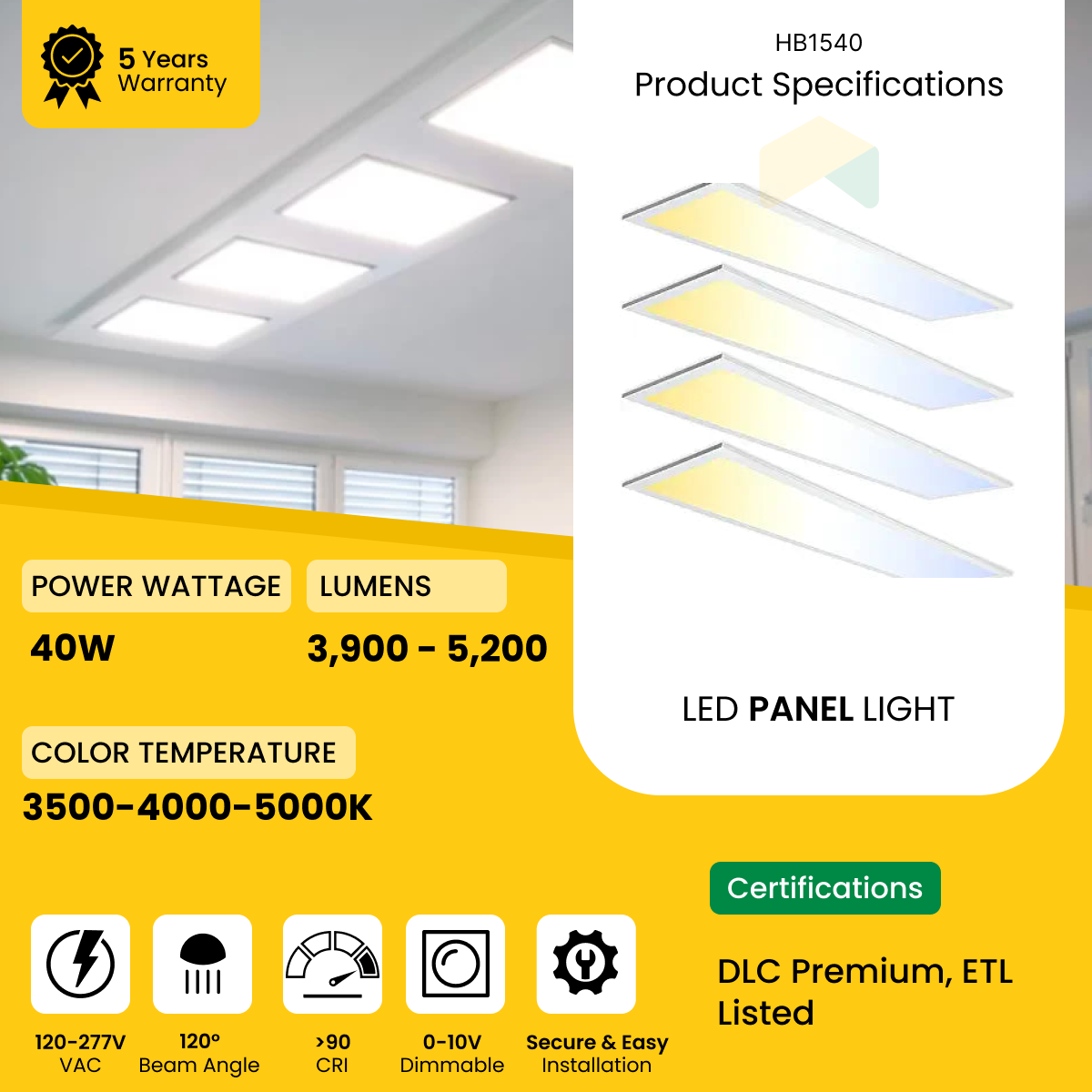 1x4 ft LED Panel Light - Wattage Adjustable (30W/35W/40W), CCT Changeable (3500K/4000K/5000K), 135LM/Watt - 0-10V Dim, 100-277V - ETL, DLC 5.1 Premium, Recessed Back-lit With Earthquake Kit (Shockproof Hooks) Fixture - (4-Pack)
