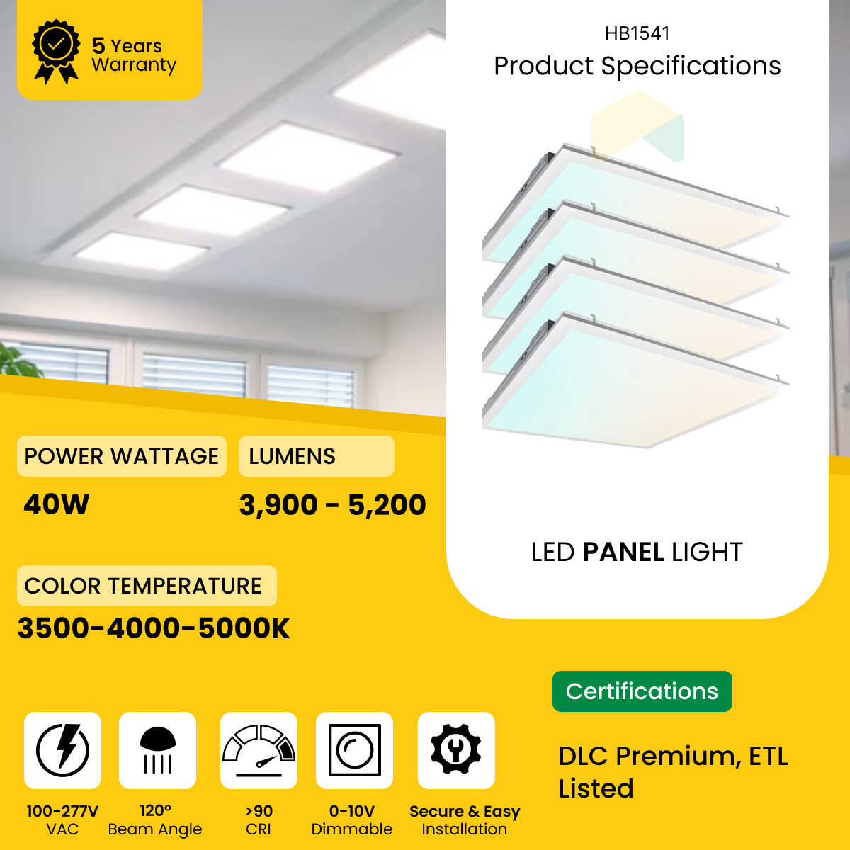 2x2 ft LED Panel Light - Wattage Adjustable (30W/35W/40W), CCT Changeable (3500K/4000K/5000K), 135LM/Watt - 0-10V Dim, 100-277V, ETL, DLC 5.1 Premium, Recessed Back-lit With Earthquake Kit (Shockproof Hooks) Fixture - (4-Pack)