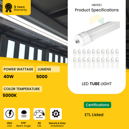 8ft LED Tube Light - 40W - 5000K - 5000 Lumens - AC100-277V - Clear Cover - 25-Pack