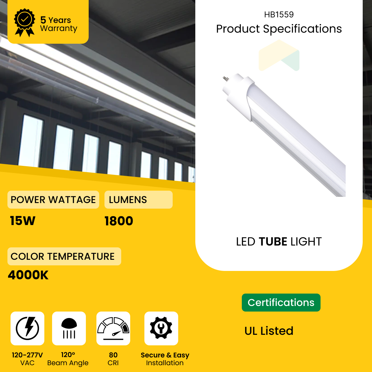 4ft LED Tube Light - 12W - 4000K - 1560 Lumens - AC100-277V - Frosted Cover - Bypass Ballast/Type B/Double Ended - (25-Pack)