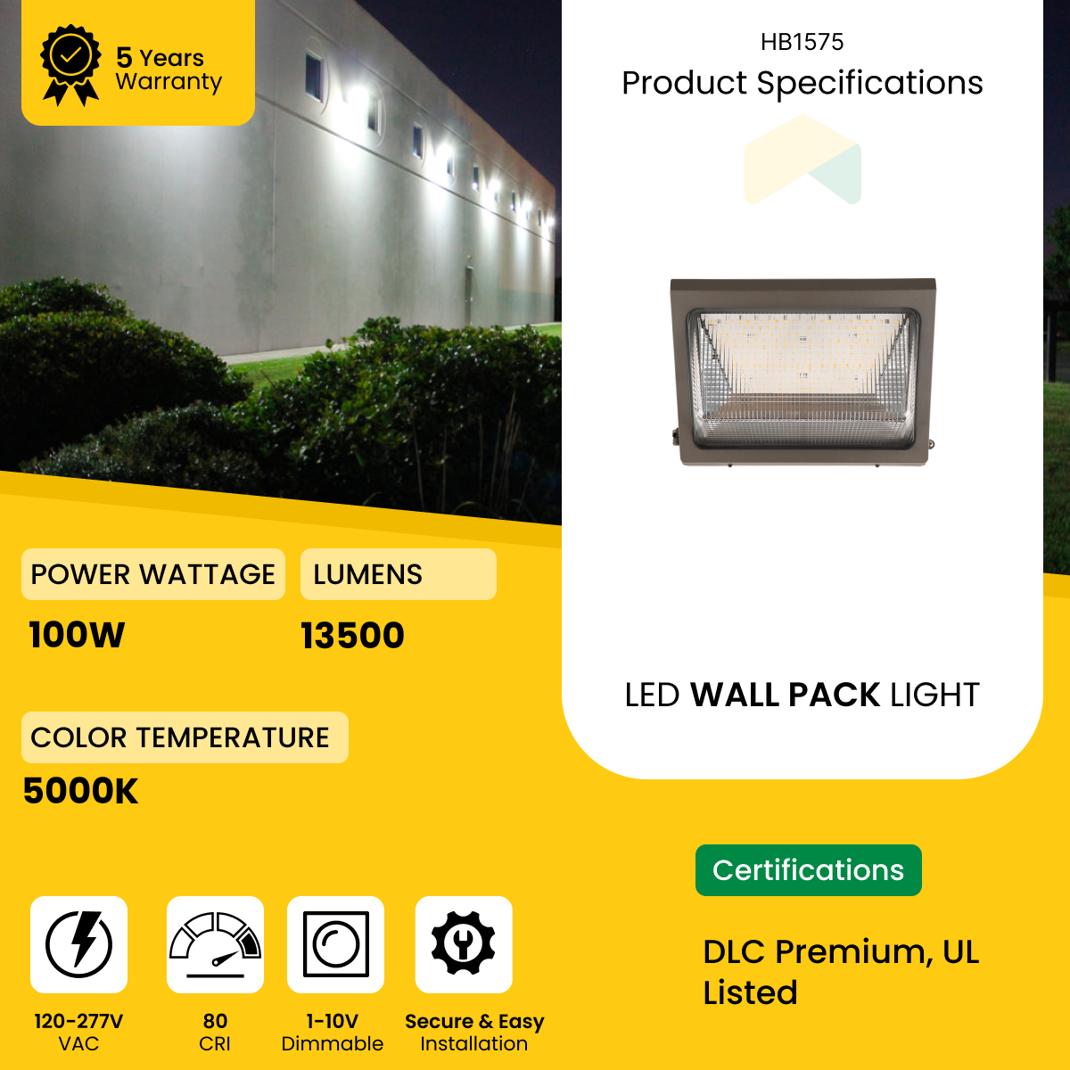 LED Wall Pack with Photocell - 100W - 5000K - 120-277VAC - 0-10V Dimmable - UL Listed - 5 Years Warranty
