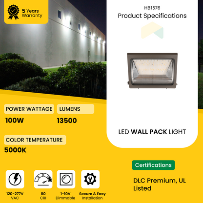 LED Wall Pack 100W - 5000K - 120-277VAC - 0-10V Dimmable - UL Listed - 5 Years Warranty
