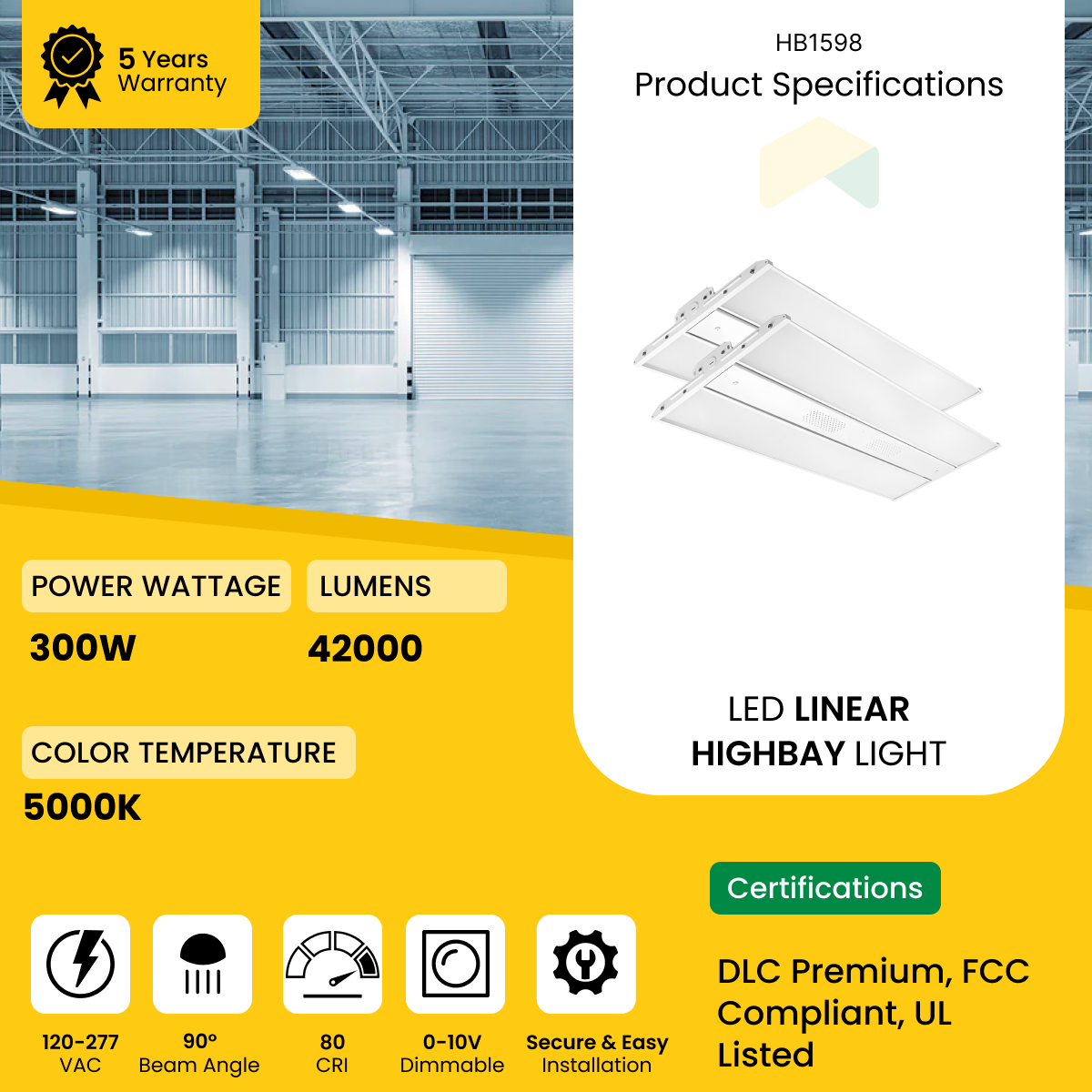 LED Linear High Bay Light - 300W - 5000K- 120-277VAC - 42000 Lumens - 0-10V Dimmable - UL Listed - DLC Premium Listed - 5 Years Warranty - 2-Pack