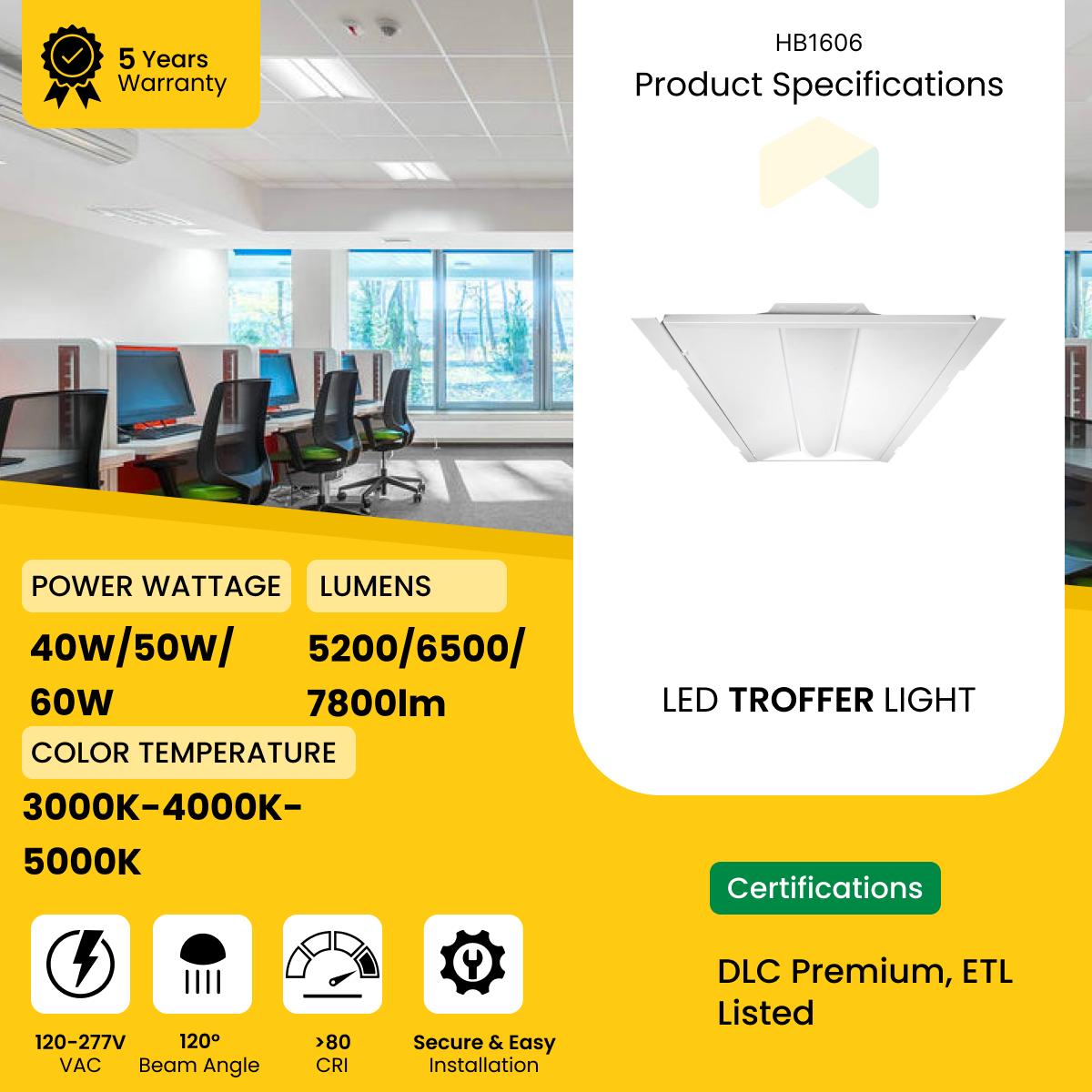2x4 ft LED Troffer Light with Sensor Base - Wattage Adjustable (40W/50W/60W) - CCT Changeable (3000K/4000K/5000K), 130LM/Watt, 120-277VAC, 0-10V Dimmable - ETL, DLC Premium Listed - 5 Years Warranty (4-Pack)