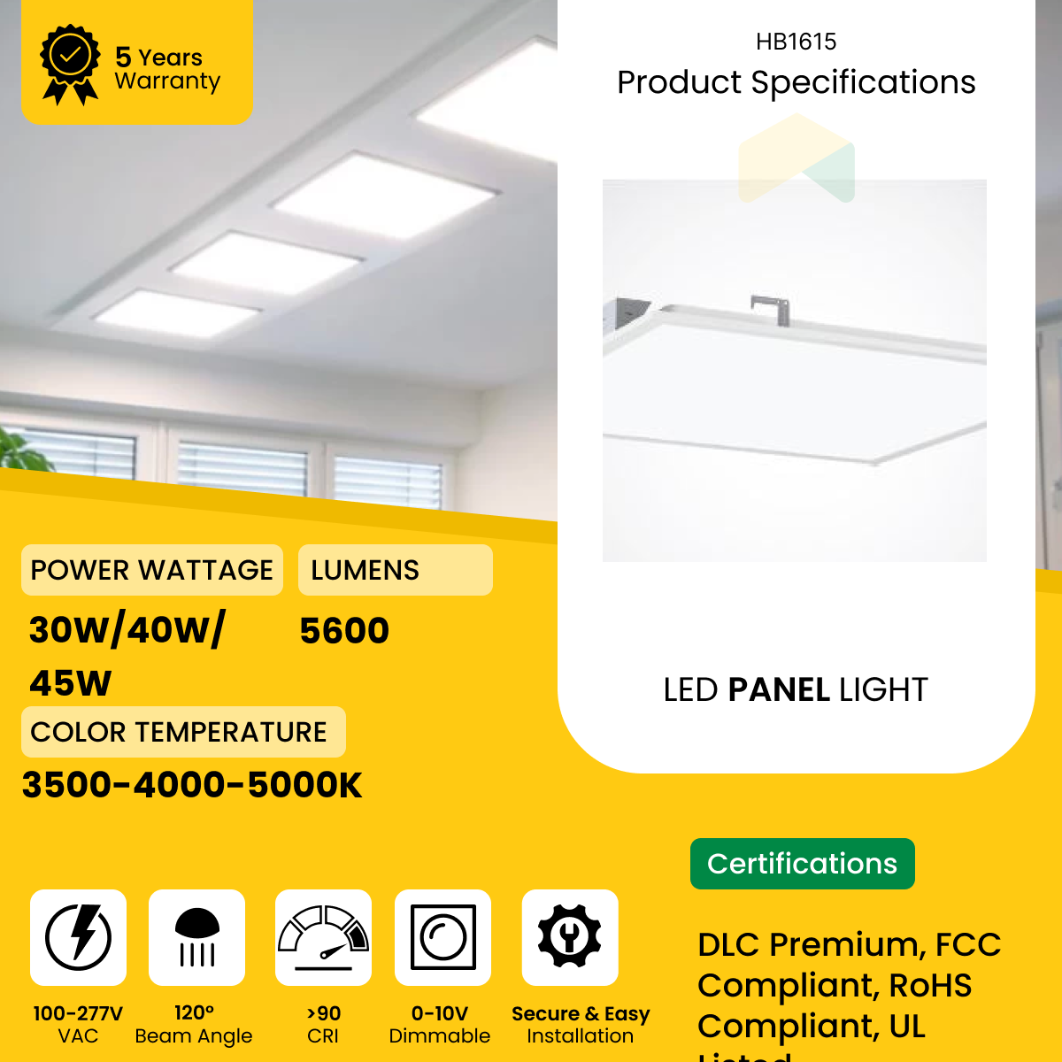 2X4 ft LED Flat Backlite Panel - Wattage Adjustable (30W/40W/45W) - CCT Changeable (3500K/4000K/5000K) - 130LM/Watt - 120-277VAC, 0-10V Dimmable - UL, DLC Premium Listed - 5 Years Warranty (2-Pack)