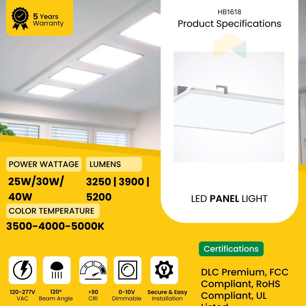 1x4 ft LED Backlite Panel - Wattage Adjustable (25W/30W/36W) - Color Changeable (3500K/4000K/5000K) - 120-277VAC - 0-10V Dimmable - UL, DLC Premium Listed - 5 Years Warranty (2-Pack)