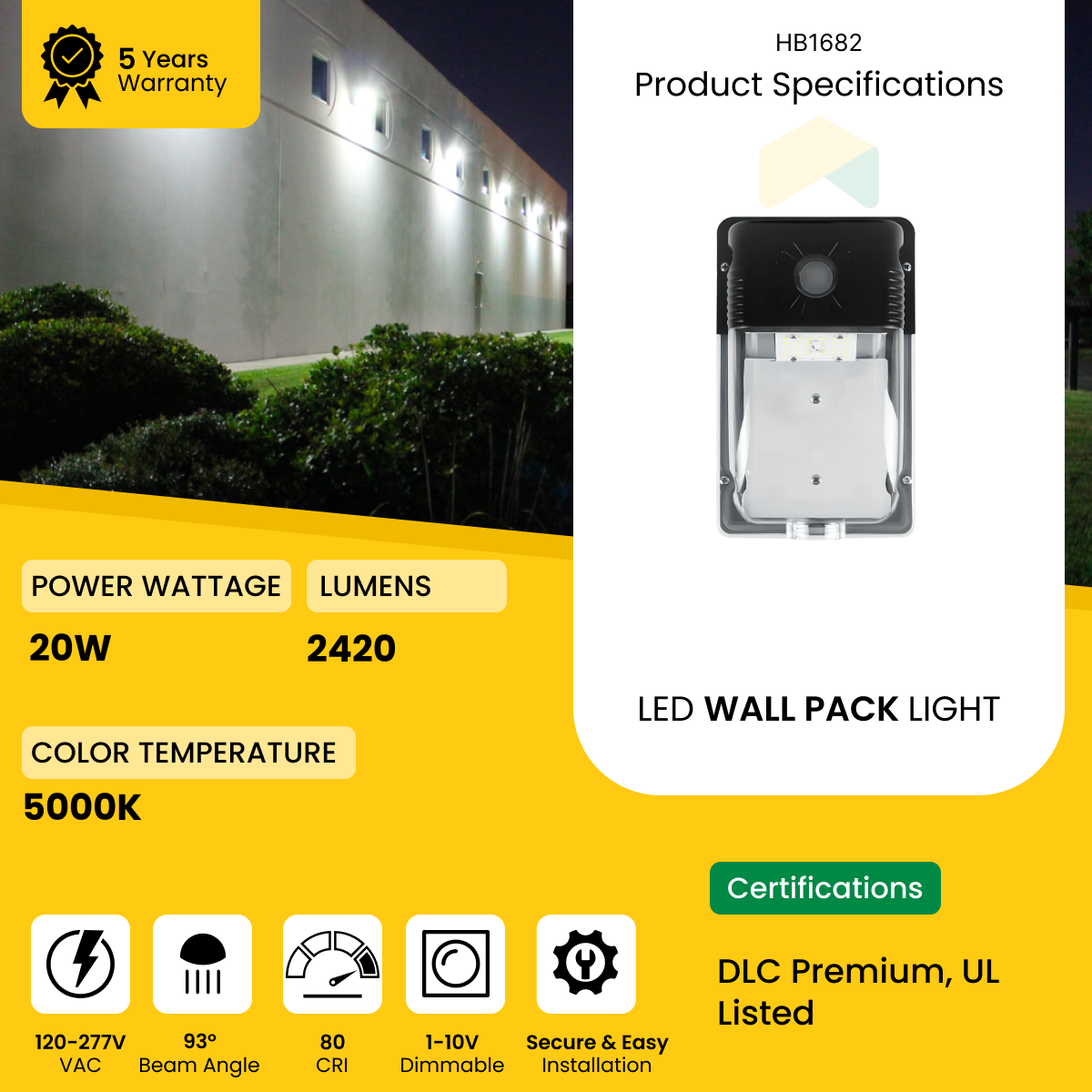 LED Mini Wall Pack Light with Photocell - 20W - 5000K, 2420Lumens - AC120-277V, 0-10V Dimmable - IP66 - UL Listed - DLC Premium Listed - 5 Years Warranty