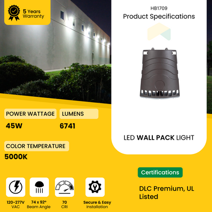 Architectural Wall Pack 45W - 5000K - 6741Lumens -  AC120-277V, 0-10V Dimmable - IP66 - UL Listed - DLC Premium Listed - 5 Years Warranty