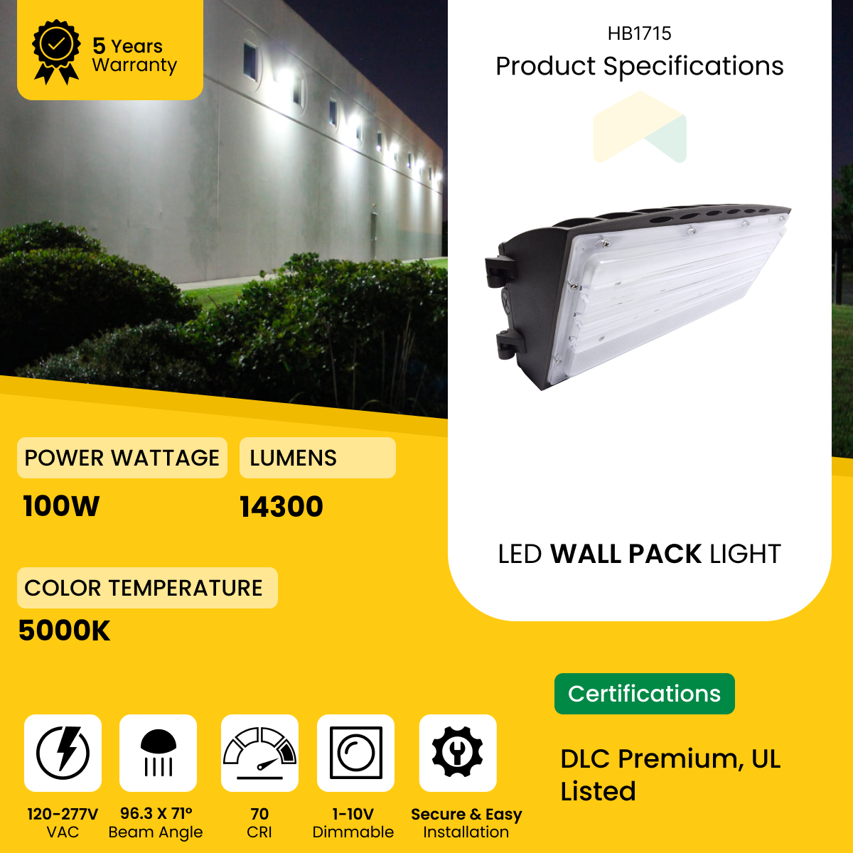 LED Semi Cutoff Wall Pack Light - 100W - 5000K - 14300 Lumens - AC120-277V 0-10V Dimmable - IP66 - UL Listed - DLC Premium Listed - 5 Years Warranty