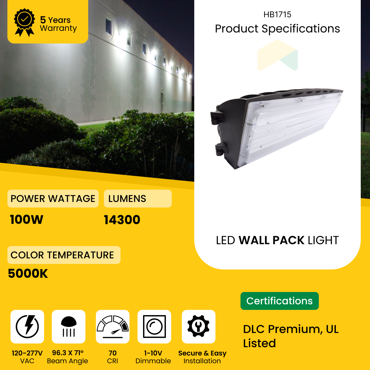 LED Semi Cutoff Wall Pack Light -  100W - 5000K - 14300 Lumens  - AC120-277V 0-10V Dimmable - IP66 - UL Listed - DLC Premium Listed - 5 Years Warranty