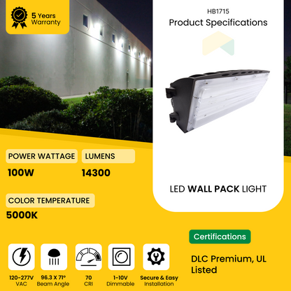 LED Semi Cutoff Wall Pack Light -  100W - 5000K - 14300 Lumens  - AC120-277V 0-10V Dimmable - IP66 - UL Listed - DLC Premium Listed - 5 Years Warranty