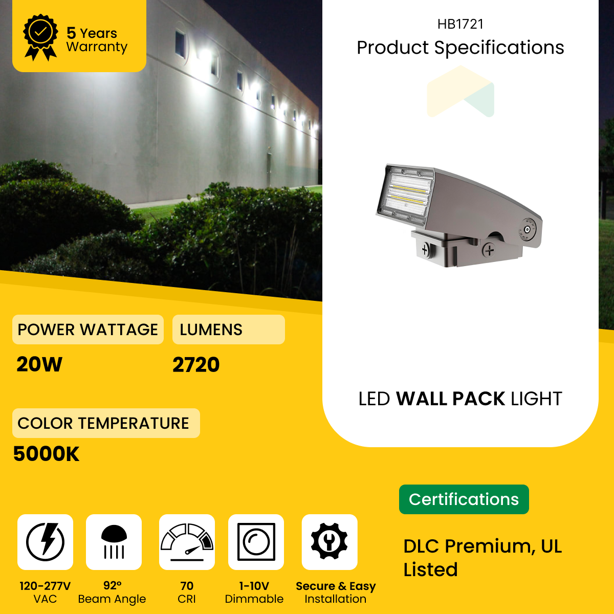 LED Adjustable Wall Pack 20W - 5000K - 2720 Lumens - AC120-277V 0-10V Dimmable - IP66 - UL Listed - DLC Premium Listed - 5 Years Warranty