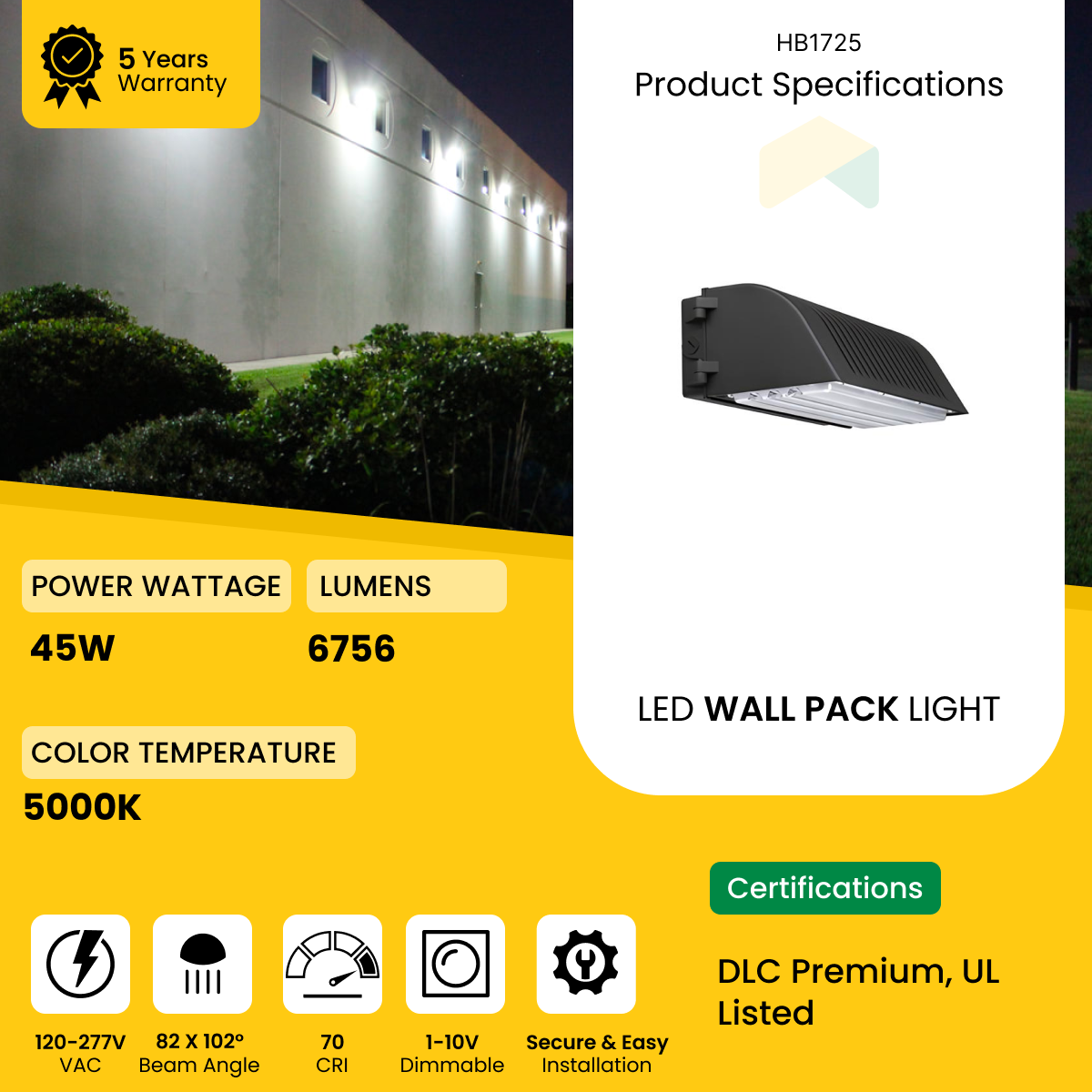 LED Full Cutoff Wall Pack Light 45W - 5000K -  6756 Lumens - AC120-277V  0-10V Dimmable - IP66 - UL Listed - DLC Premium Listed - 5 Years Warranty
