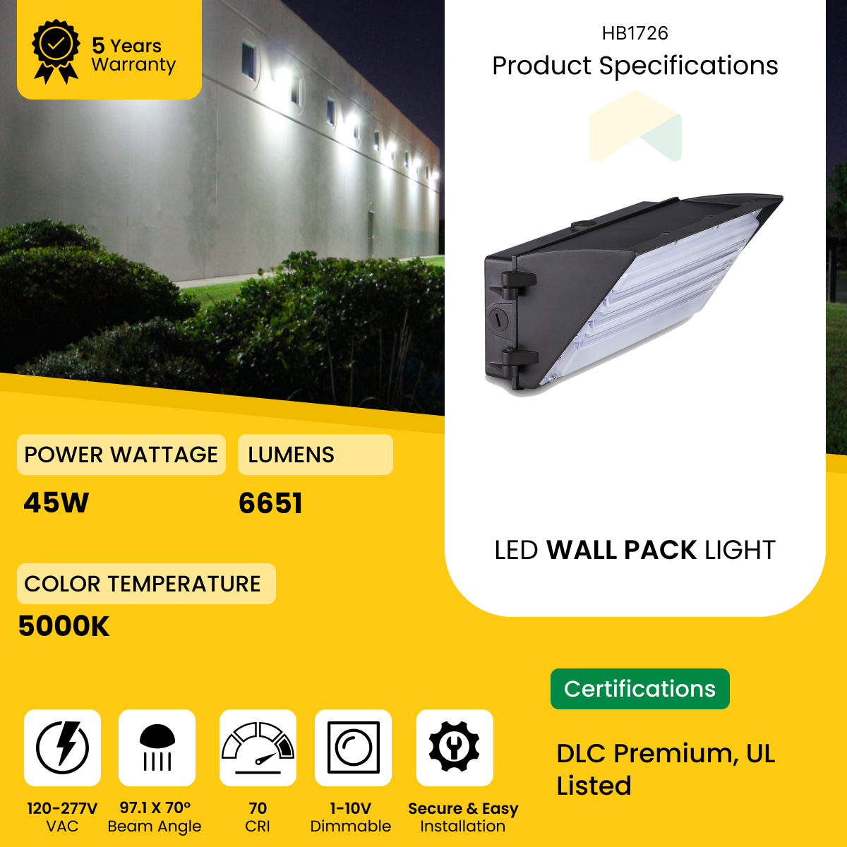 LED Semi Cutoff Wall Pack Light 45W  - 5000K - 6651 Lumens  - AC120-277V  0-10V Dimmable - IP66 - UL Listed - DLC Premium Listed - 5 Years Warranty