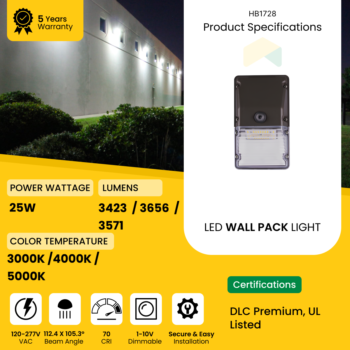 LED Wall Pack Light With Photocell, 25W, 3571 Lumens, 3000K/4000K/5000K CCT Selectable Included Photocell Equivalent, Waterproof Commercial Security Lighting for Warehouses, Garage,ETL Listed