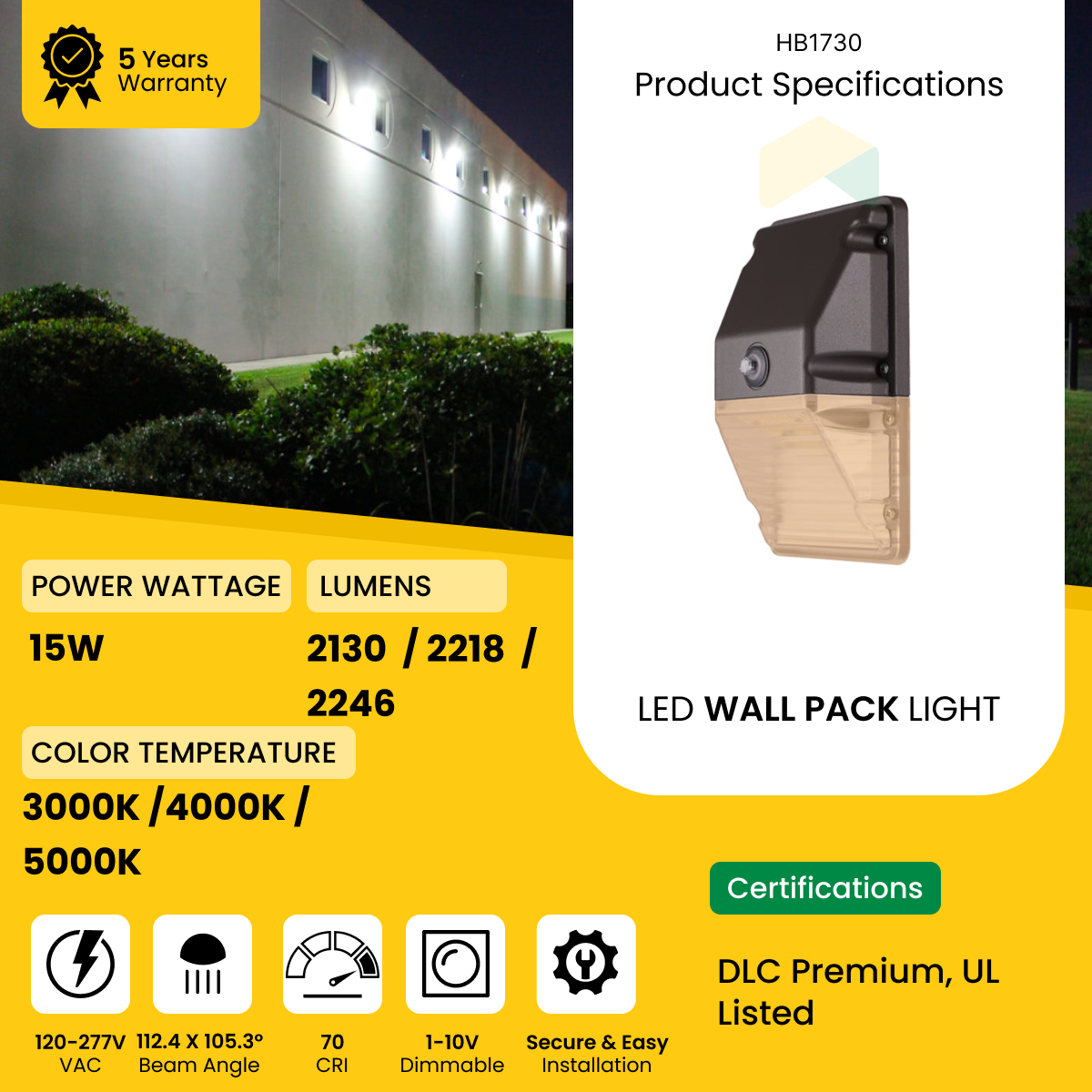LED Mini Wall Pack Light with Photocell - 15W - 3000K/4000K/5000K  2246Lumens CCT Selectable  AC120-277V 0-10V Dimmable - IP66 - UL Listed - DLC Premium Listed - 5 Years Warranty