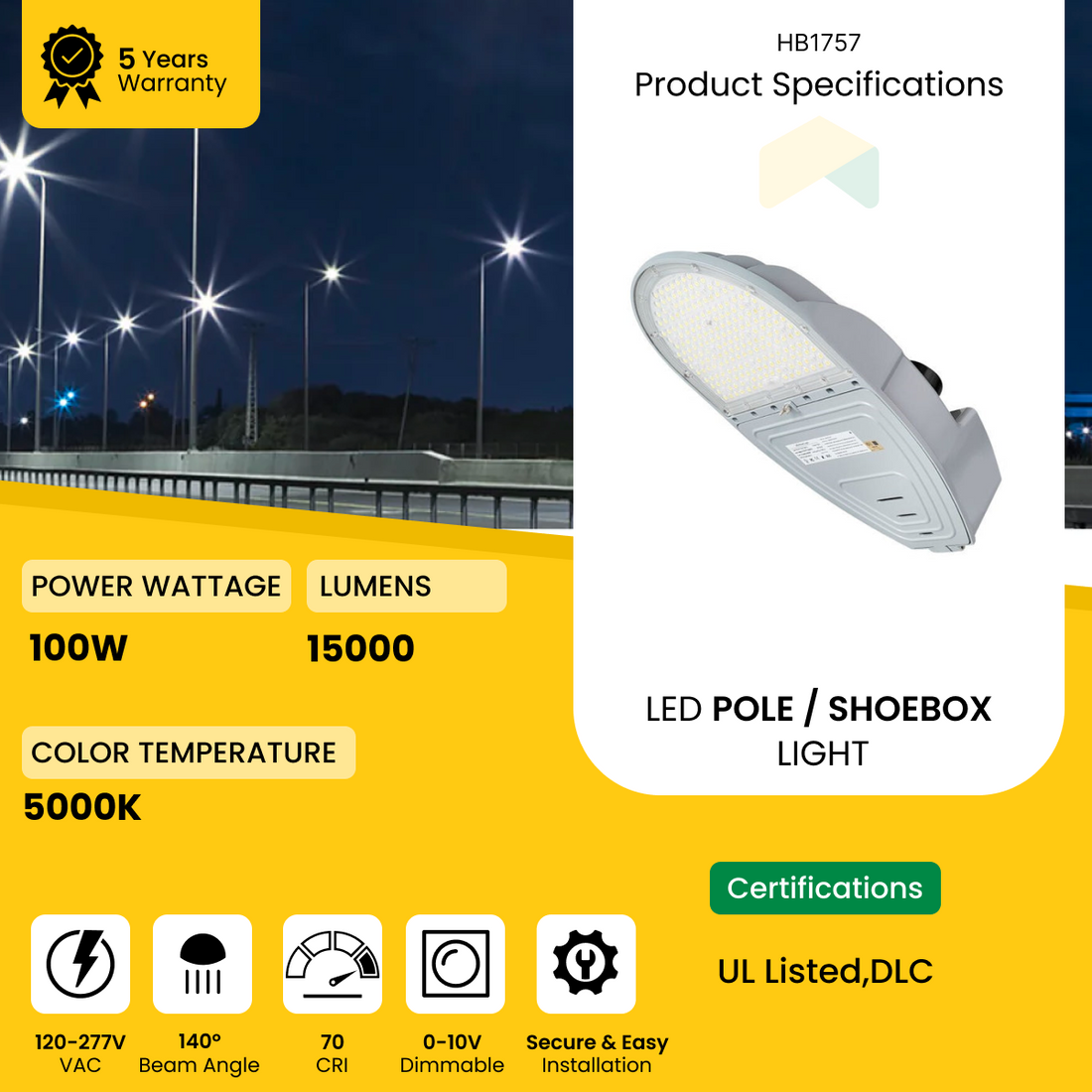 LED Street Light - 100W -Direct Mount, 15000 Lumens - 5000K - AC 120-277V - 0-10V Dimmable, IP66 - UL Listed - DLC Premium Listed - 5 Years Warranty