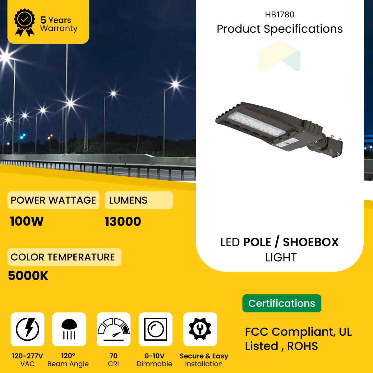 LED Shoebox Light with 100W  for Outdoor Street Area Lighting, 5000K, 13000Lumens  Direct Mount - AC120-277V - 0-10V Dimmable - IP66 - UL Listed - DLC Premium Listed - 5 Years Warranty