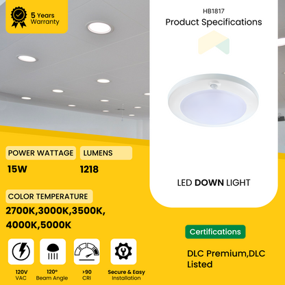 LED Mount Downlight 15W - 2700K/3000K/3500K/4000K/5000K Color Select Surface - 1218.3Lumens, AC120V Dimmable - IP66 - UL Listed - DLC Premium Listed - 5 Years Warranty
