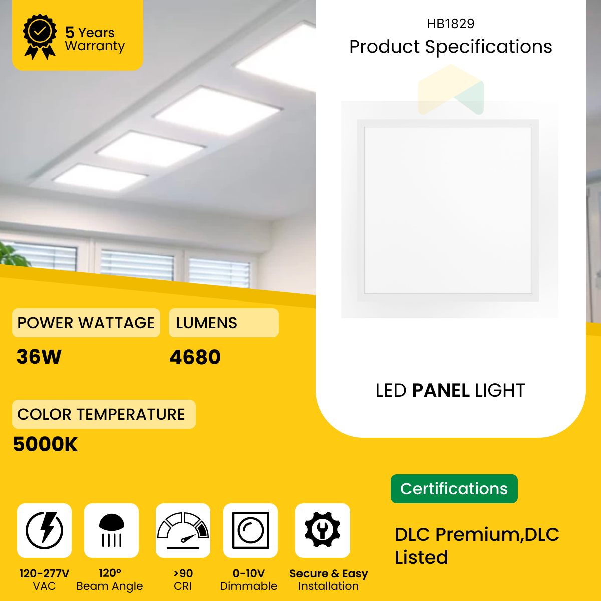 2x2ft LED Flat Panel Light - 36W - 5000K, 4680 Lumens - AC100-277V, 0-10V Dimmable - UL, DLC Premium Listed - 5 Years Warranty (2-Pack)
