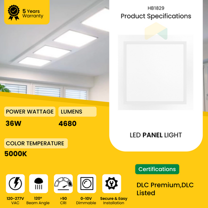 2x2ft LED Flat Panel Light - 36W - 5000K, 4680 Lumens - AC100-277V, 0-10V Dimmable - UL, DLC Premium Listed - 5 Years Warranty (2-Pack)