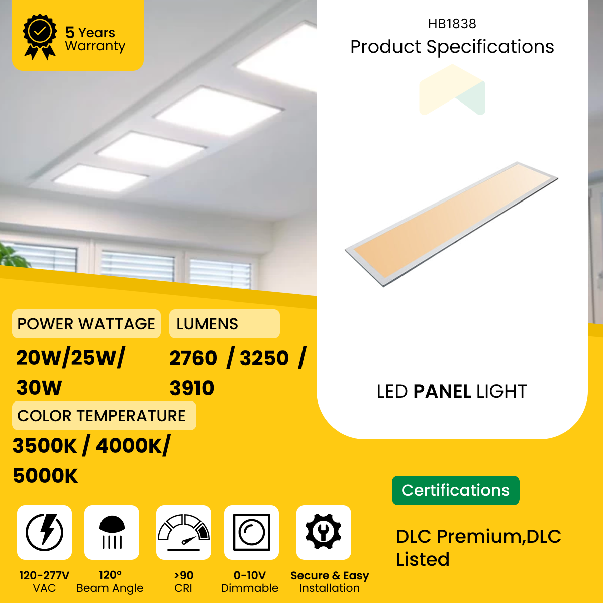 2x4 ft Back-Lit Panel Light - Wattage Adjustable (20W/25W/30W), CCT Tunable (3500K/4000K/5000K) - 130LM/Watt, AC 120-277V - 0-10V Dimmable - IP66 - UL Listed - DLC Premium Listed - 5 Years Warranty