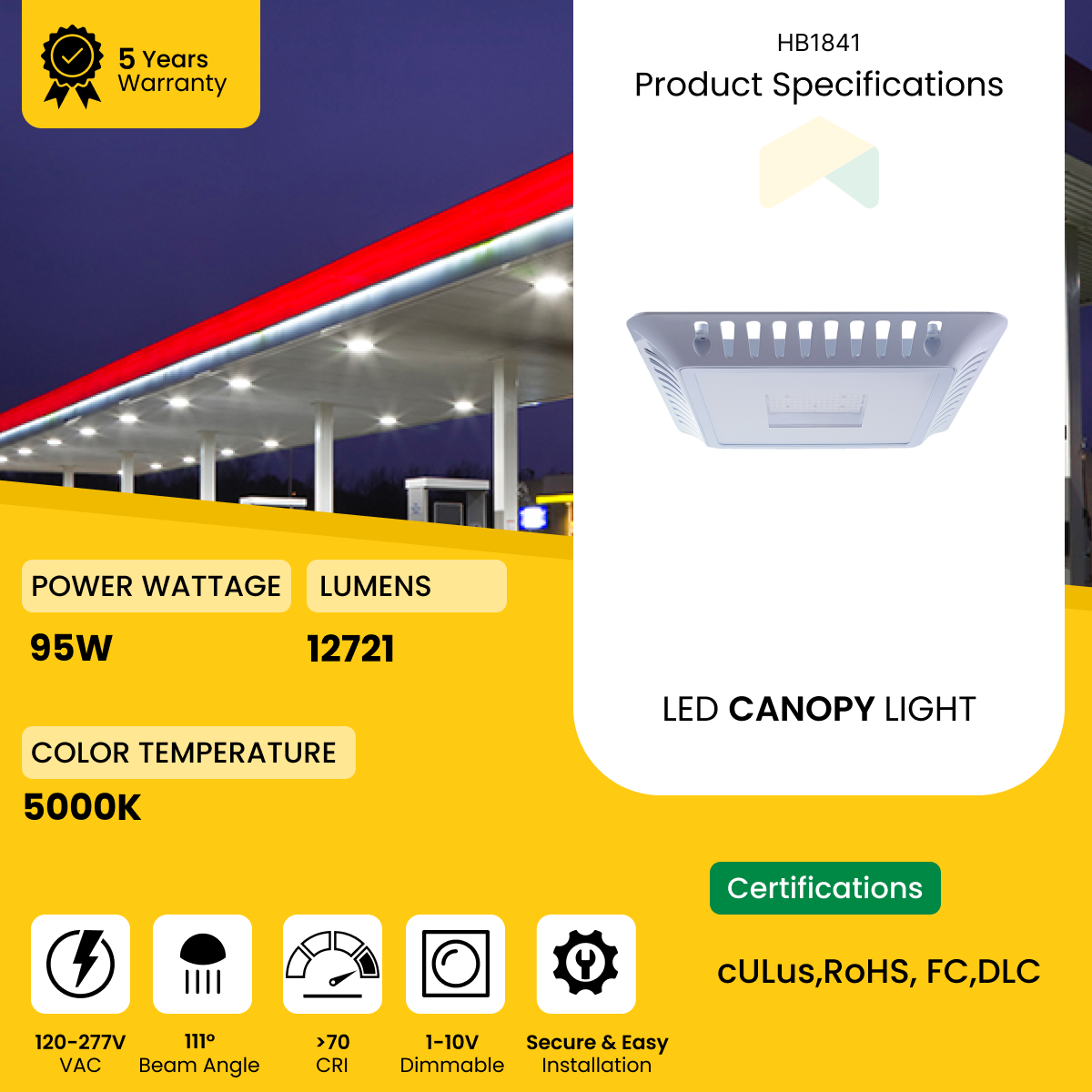 LED Gas Station Canopy Light - 95W, 5000K, 12721 Lumens, AC120-227V, 1-10V dimming IP66 - UL Listed - DLC Premium Listed - 5 Years Warranty