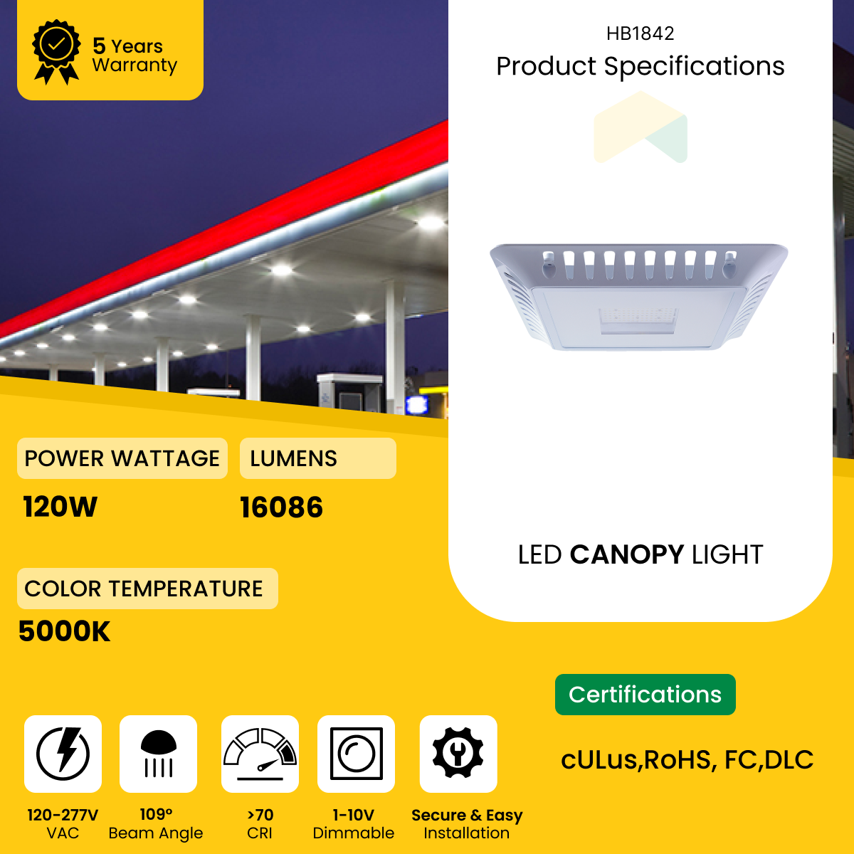 LED Gas Station Canopy Light 120W - 5000K,  16086 Lumens AC120-227V, 0-10V Dimmable - IP66 - UL Listed - DLC Premium Listed - 5 Years Warranty