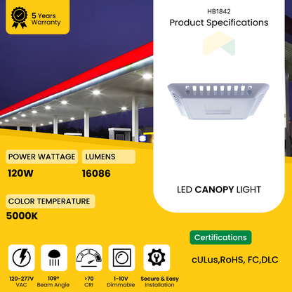 LED Gas Station Canopy Light 120W - 5000K,  16086 Lumens AC120-227V, 0-10V Dimmable - IP66 - UL Listed - DLC Premium Listed - 5 Years Warranty