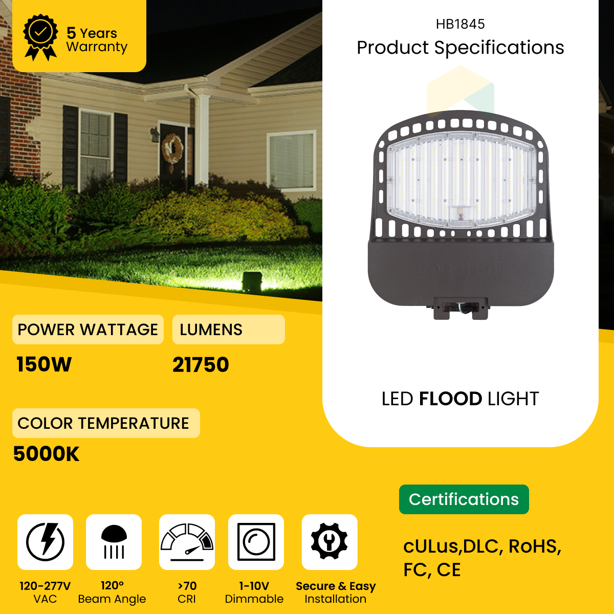 LED Outdoor Flood Light Super Bright 150W, Direct Mount, 21929 Lumens, 5000K AC120-277V, 1-10V Dimming, ETL Waterproof Wall Mount LED Security Light for Yard Entrance Garden