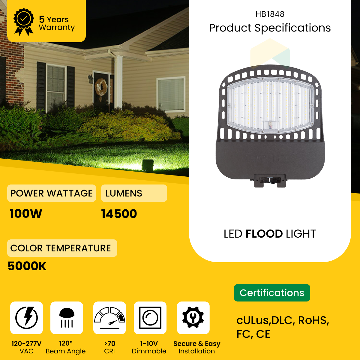 LED Outdoor Flood Light Super Bright - 100W Direct Mount   5000K, 1-10V Dimming, AC120-277V, 15381 Lumens