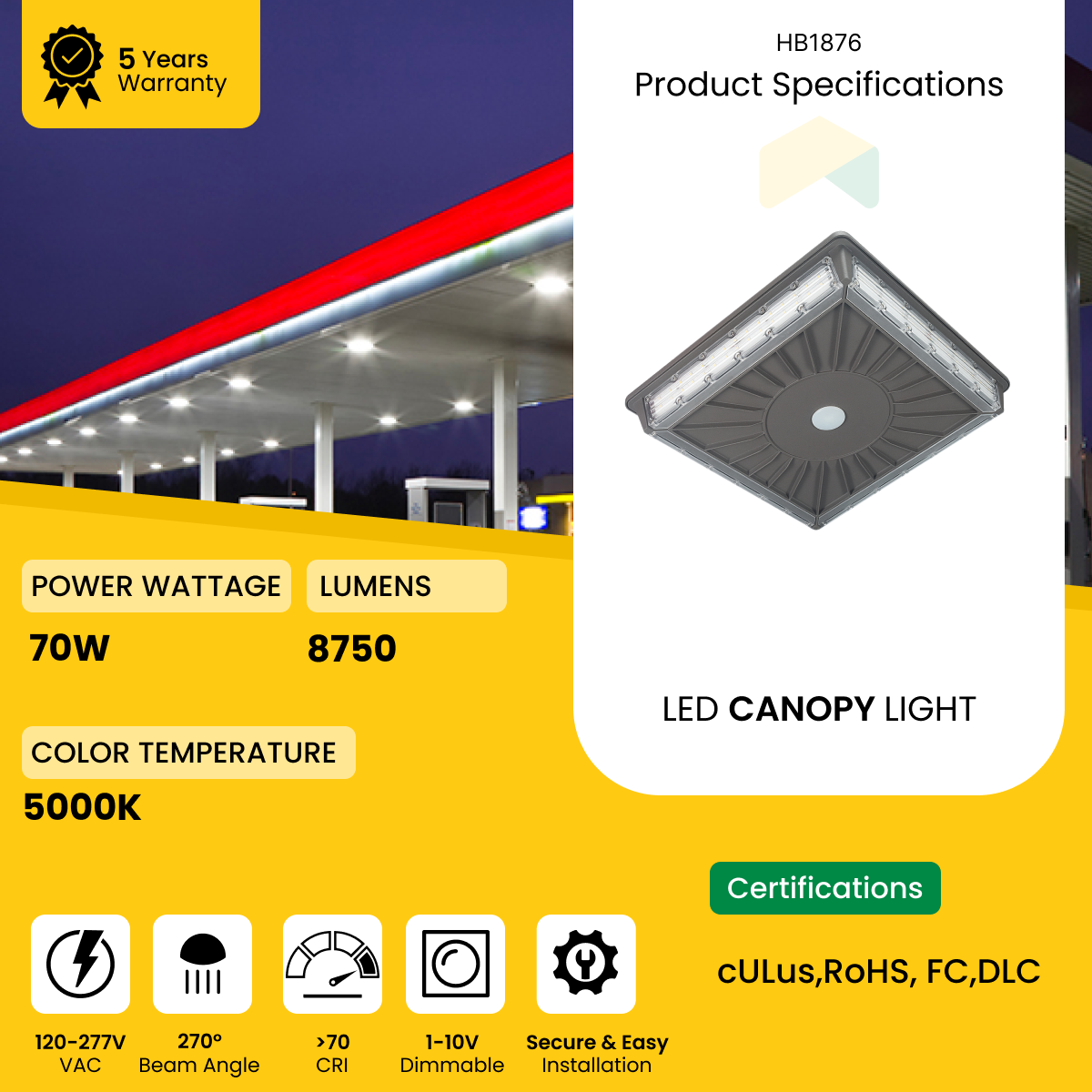 LED Parking Garage Canopy Light - 70W - 5000K, 8750 Lumens CCT AC120-277V, 0-10V Dimmable - IP66 - UL Listed - DLC Premium Listed - 5 Years Warranty