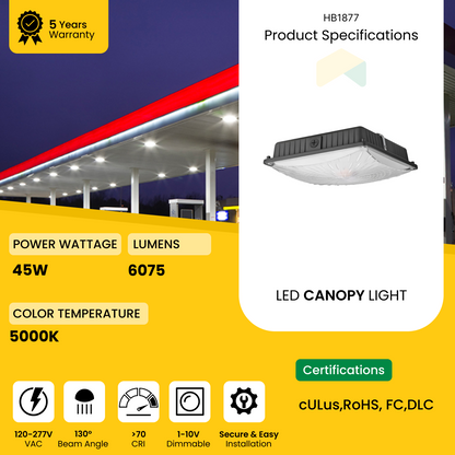 LED Slim Canopy Light  - 45W  - 4000K, 5625 Lumens CCT 120-277V, 1-10V dimming, IP66 - UL Listed - DLC Premium Listed - 5 Years Warranty