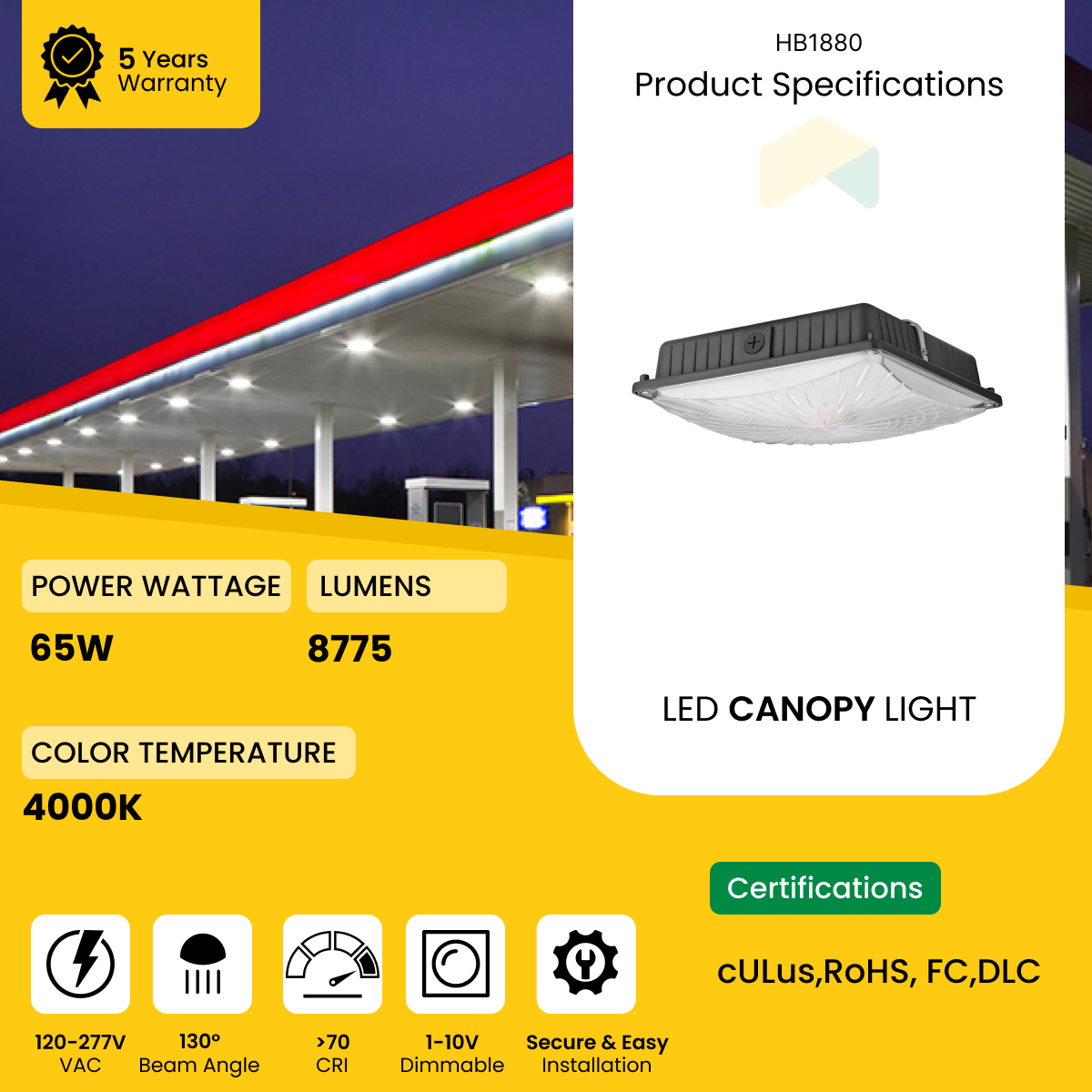 LED Slim Canopy Light - 65W , 4000K , 8775 Lumens, 120-277V, 1-10V dimming IP66 - UL Listed - DLC Premium Listed - 5 Years Warranty