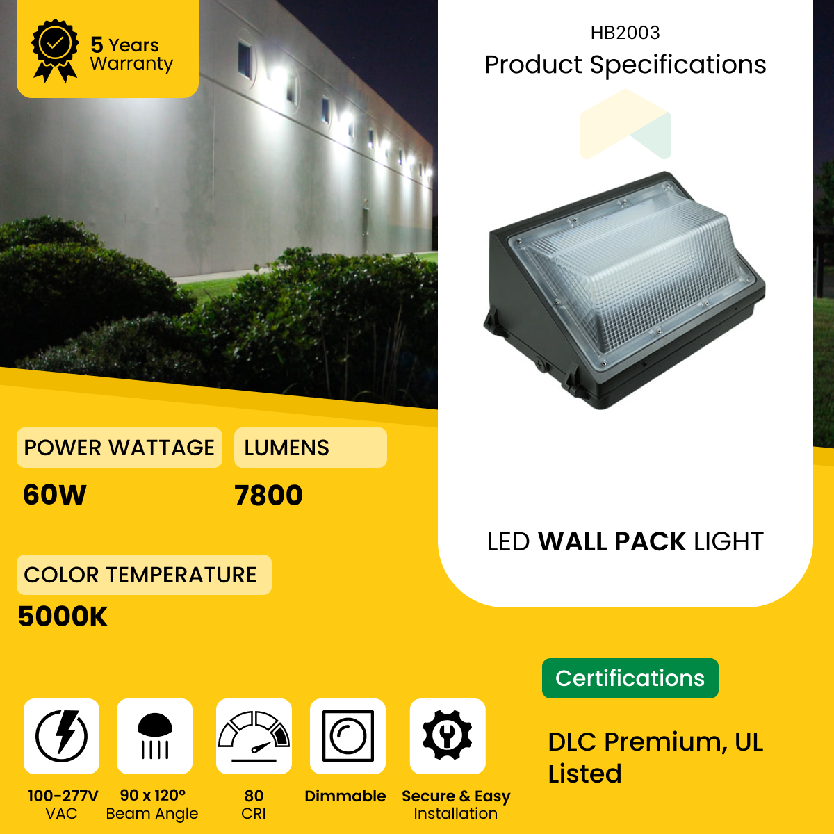 I Series LED Wall Pack Lights, Half Cut Off, 80W, 5000K, 10400Lumens, AC100-277V  0-10V Dimmable - IP66 - UL Listed - DLC Premium Listed - 5 Years Warranty