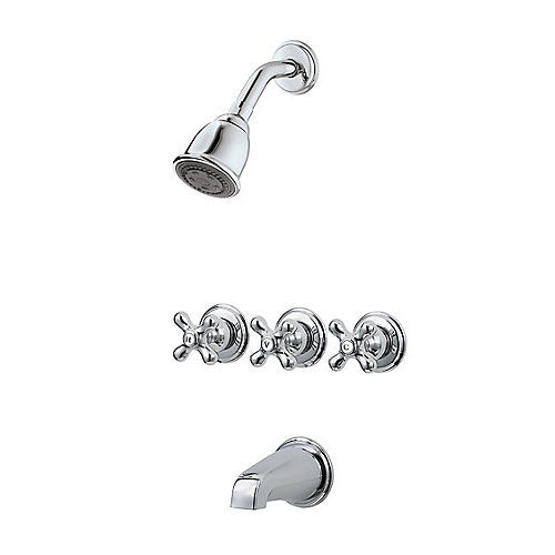 3 Handle Tub and Shower Faucet with Metal Cross Handles Trim - Chrome
