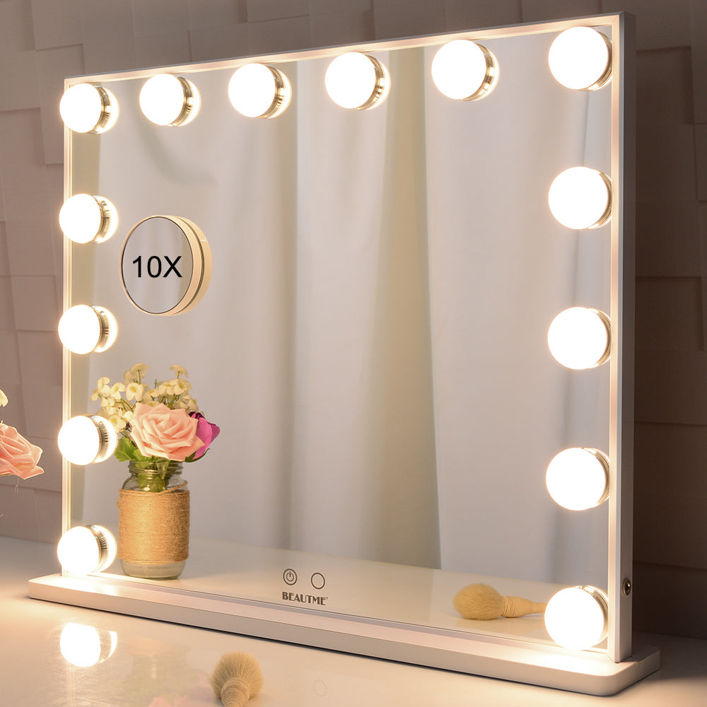 Hollywood Vanity Makeup Mirror Tabletop or Wall Mounted, 14pcs Led Bulbs and Detachable 10X Magnification Mirror