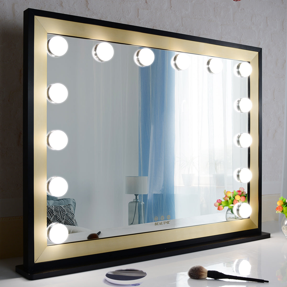 Lighted Vanity Mirror with Two-color Aluminum Frame,Dressing Tabletop Vanity Mirror with 14pcs Led Lights Large Beauty Mirror