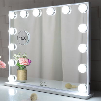 Hollywood Vanity Makeup Mirror Tabletop or Wall Mounted, 14pcs Led Bulbs and Detachable 10X Magnification Mirror