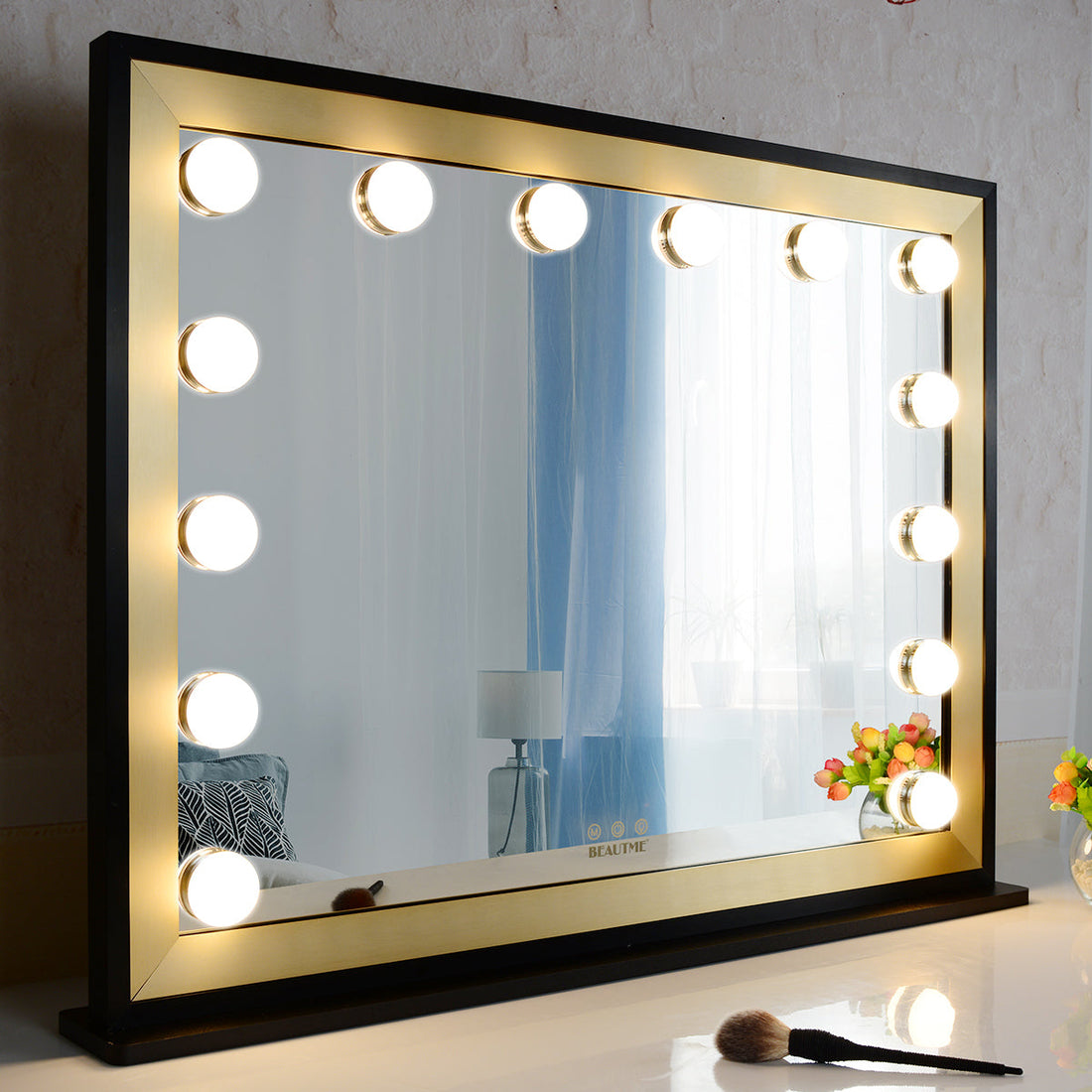 Lighted Vanity Mirror with Two-color Aluminum Frame,Dressing Tabletop Vanity Mirror with 14pcs Led Lights Large Beauty Mirror