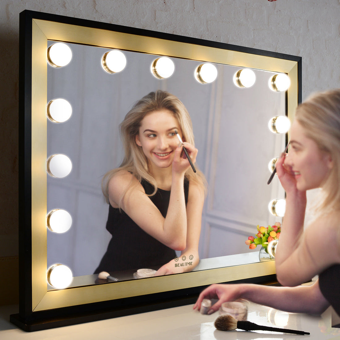 Lighted Vanity Mirror with Two-color Aluminum Frame,Dressing Tabletop Vanity Mirror with 14pcs Led Lights Large Beauty Mirror