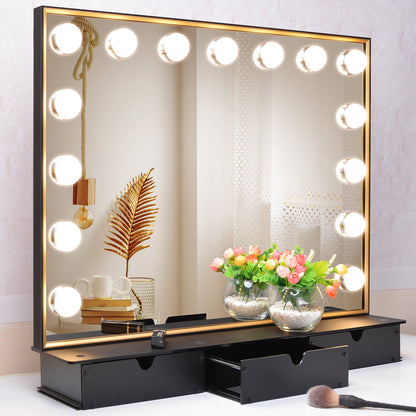 Lighted Vanity Mirror with Storage Box,Tabletop Hollywood Makeup Mirror with 15pcs lights,Detachable 10X Cosmetic Round Mirror