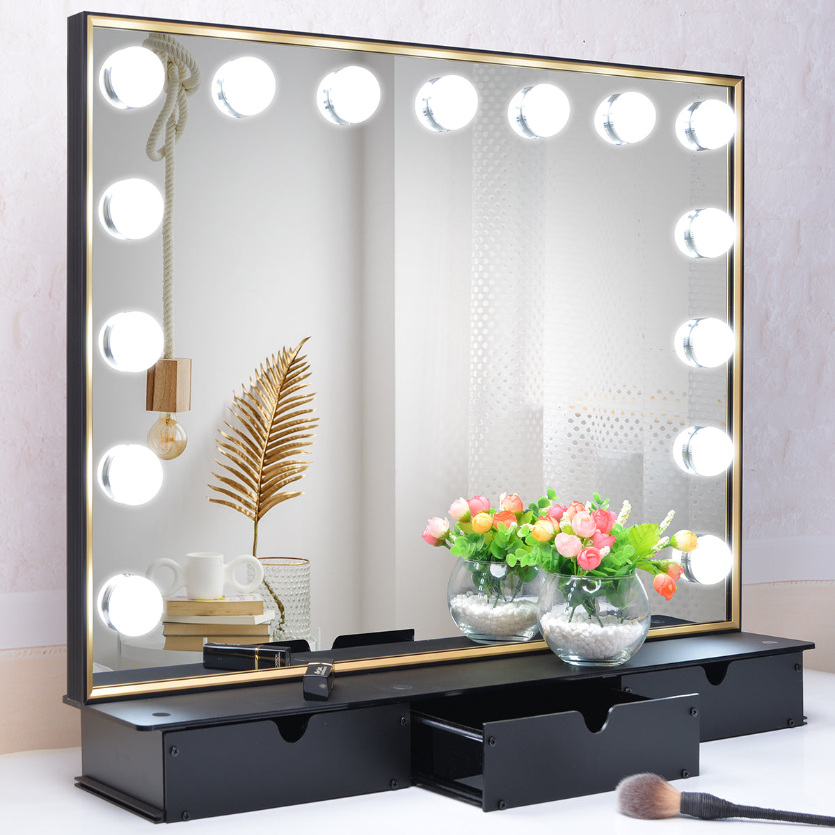 Lighted Vanity Mirror with Storage Box,Tabletop Hollywood Makeup Mirror with 15pcs lights,Detachable 10X Cosmetic Round Mirror