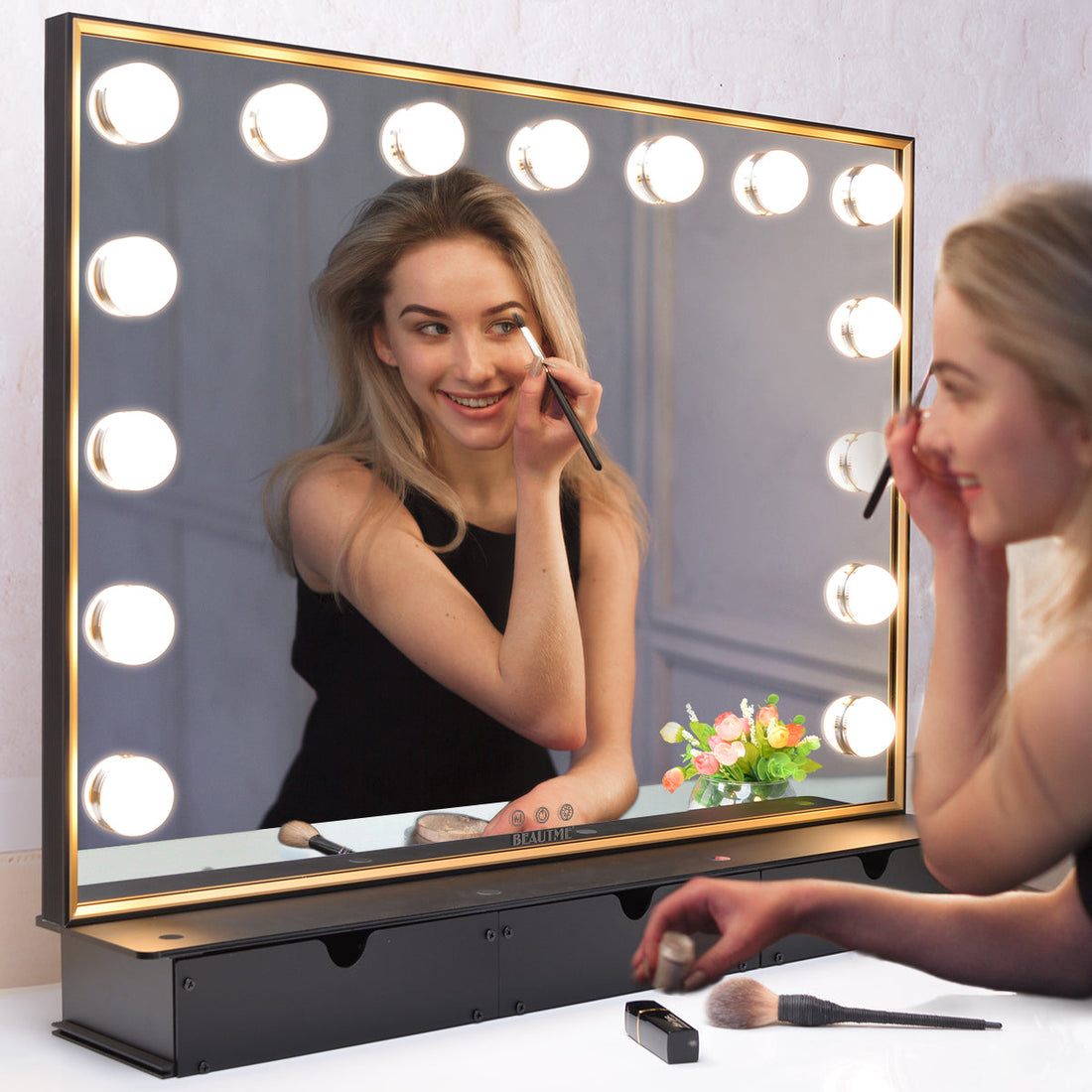 Lighted Vanity Mirror with Storage Box,Tabletop Hollywood Makeup Mirror with 15pcs lights,Detachable 10X Cosmetic Round Mirror