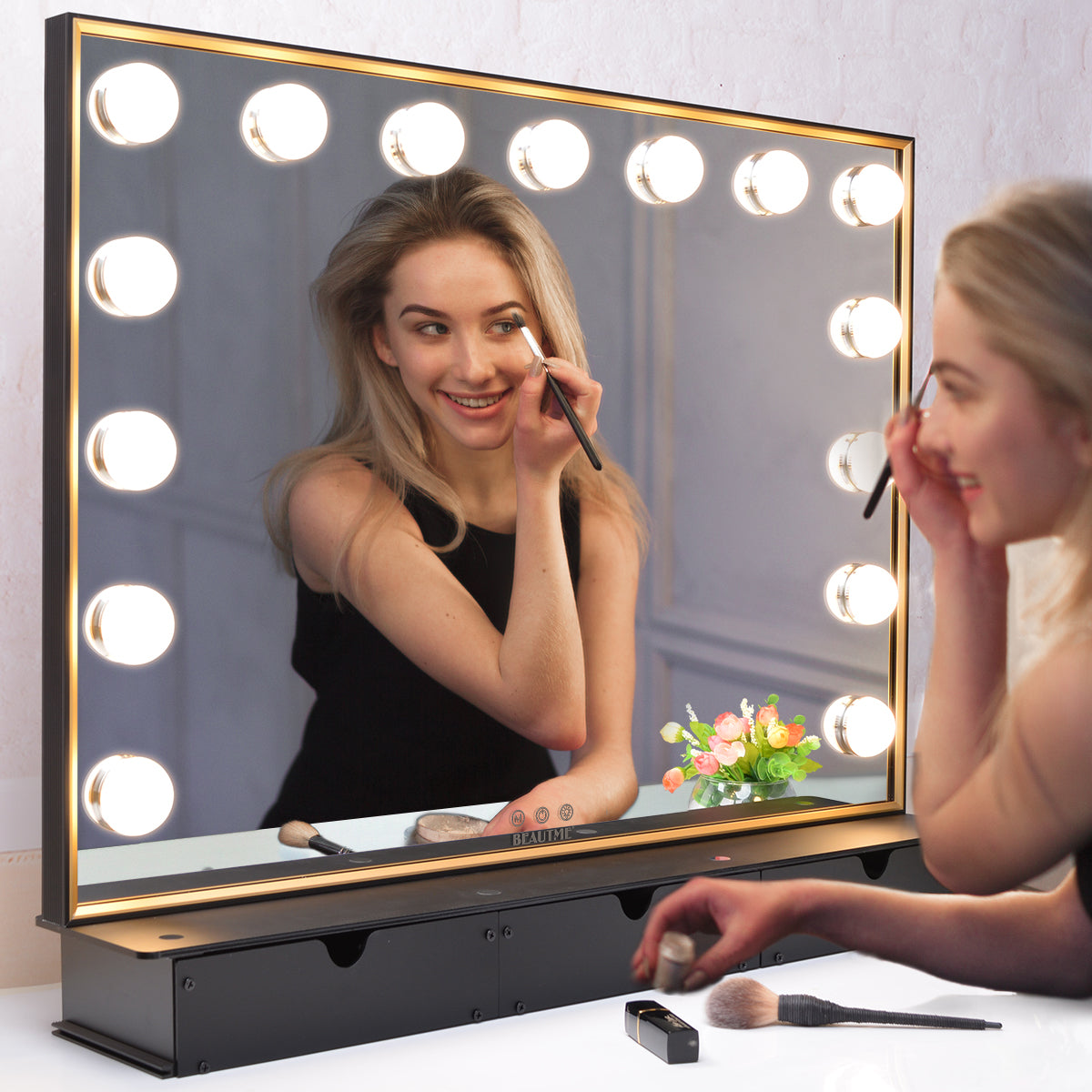 Lighted Vanity Mirror with Storage Box,Tabletop Hollywood Makeup Mirror with 15pcs lights,Detachable 10X Cosmetic Round Mirror